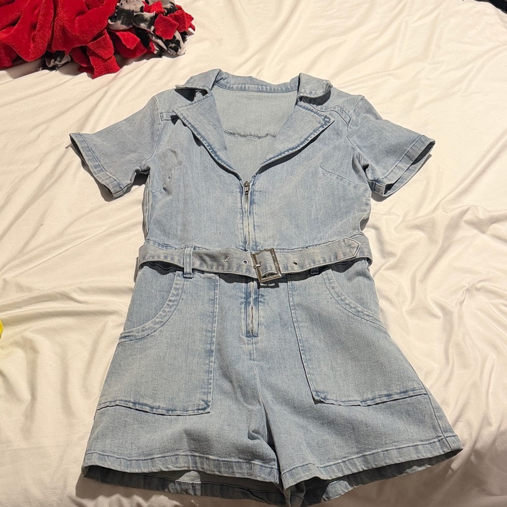 Light Blue Denim Romper with Belt